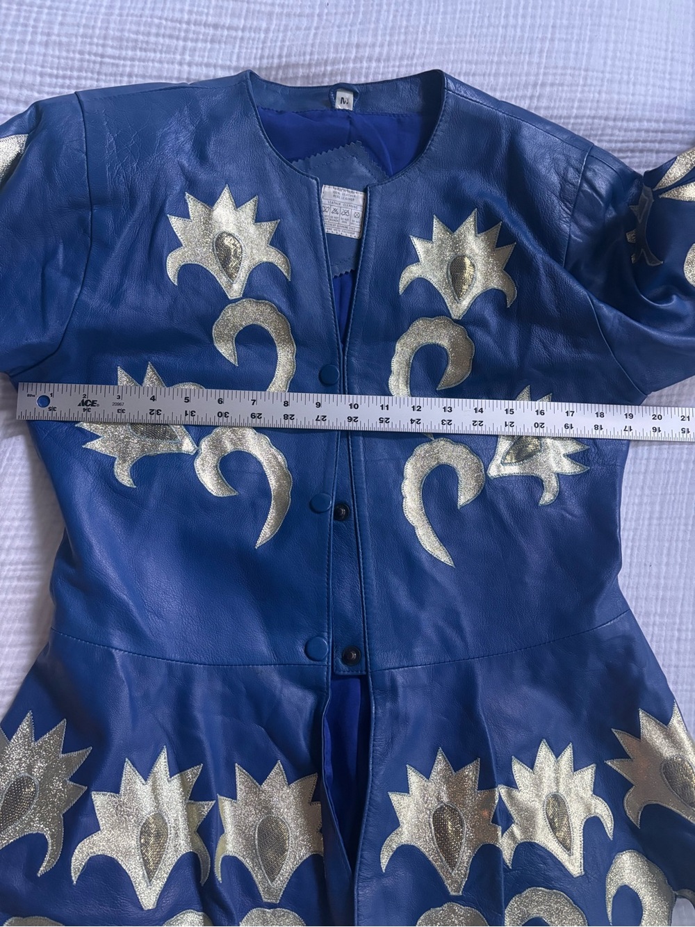 Vintage Blue Leather Skirt and Jacket Set with Gold Appliqué - Picture 8 of 16